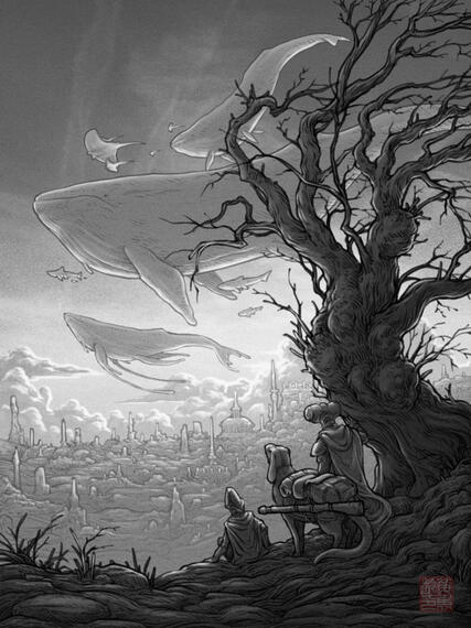 Migration of Giants A digital illustration of two humanoids and a beast of burden with floppy ears and a long tail standing by gnarled tree looking into the distance. Ahead of them are a large pod of sky whales and various airborne fish. Below them is a city with spires and d