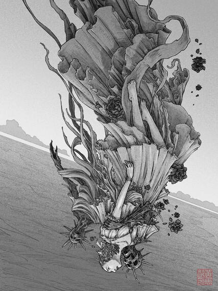 Everything I Know A digital illustration of a woman in a dress hurtling to the earth, a look of complete despair on her face. She's being embraced by a skeleton with a spiked crown or halo. Another skeleton falls with them, their jaw is missing.