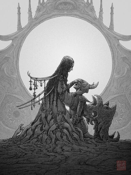 Whatever She Wants... A digital illustration of a pair of figures facing each other. One sits above the other, her long and curly hair drapes down her back, parted by large and thin bone-like spines that protrude from her back. Decorative stones and gems dangle from ropes tie