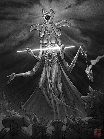 Evocation of the Bearer A digital illustration of a large six armed somewhat feminine looking creature, two hands are held up high, holding a black ball that serves as its head. another two arms hold a glowing sword. one of the remaining two hands holds a strange censer-like obje