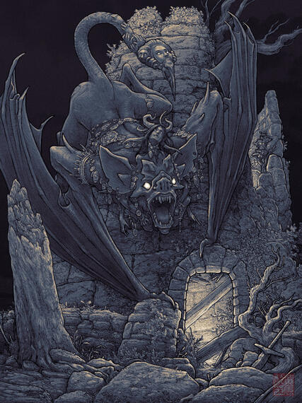 Queen of Shadows A digital illustration of a bat-like monster with a horned woman's upper torso coming out of its head. She also has an ornamented scorpion-like stinger for a tail that's decorated with human faces and hands. She wears jewelry around her neck, arms, and wai