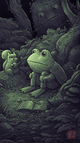 Glenn Dissociating A digital sketch of a frog in clothing and a cape sitting in a forest clearing with an open notebook staring off into the distance with unfocused eyes. Beside them, a squirrel holding a chestnut looks at them with slight concern. In the background, a large