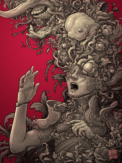 Flora & Fauna Unchained A digital illustration of a person wearing elaborate and ornate clothing/armour. The upper half of their head is exploding and out of it, flows a cornucopia of fleshy bits, flowers, a foetus(?!?), and some toothy mouths :)