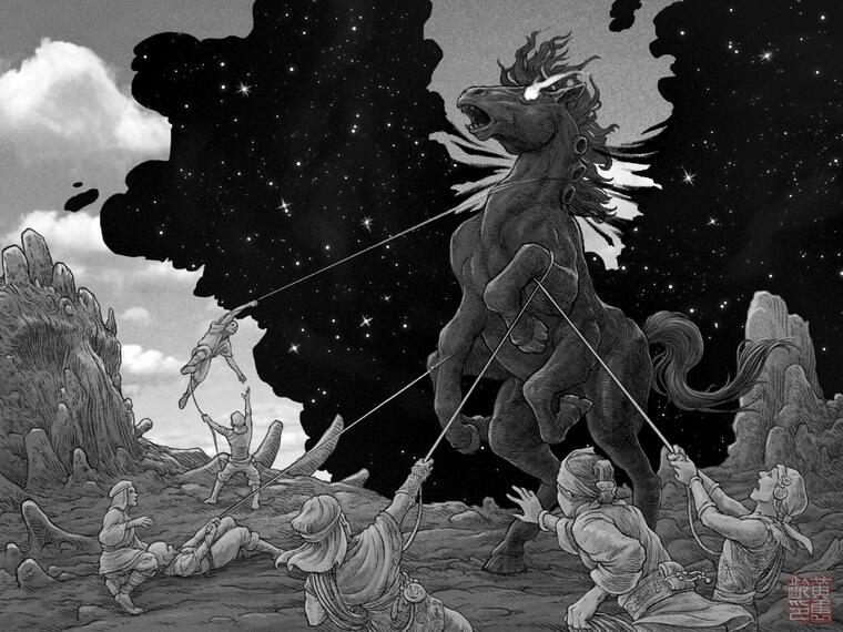 The Night Mare A group of people try in vain to restrain a gigantic six legged horse with ropes. The horse has burning eyes and six siphon-like holes on its neck that appear to be spewing forth the night sky.